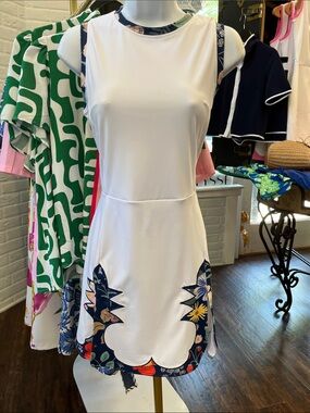 Paddle and Palm White Mini Dress with Navy Floral Scallop Trim